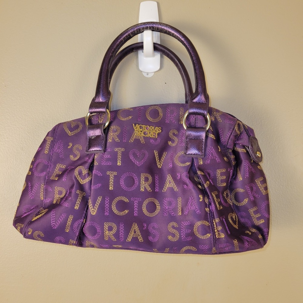 Victoria's Secret Purple Satin Logo Satchel Handbag Metallic Handles Small Purse